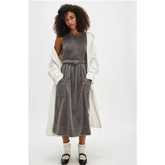 Sz 4 NWT Free People The Other Side Corduroy Midi Dress Gray Boho Cottage Belted - Picture 10 of 10